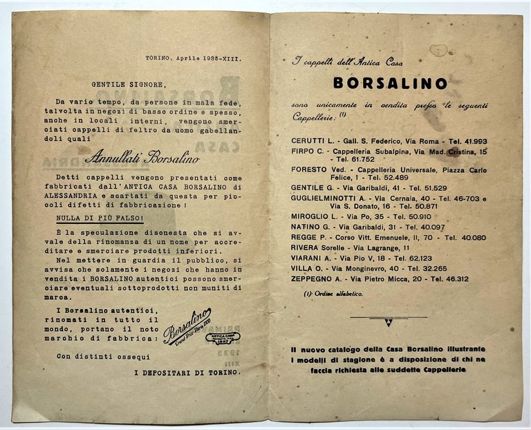 Brochure - Borsalino Antica Casa, Alessandria - Primavera-Estate 1935