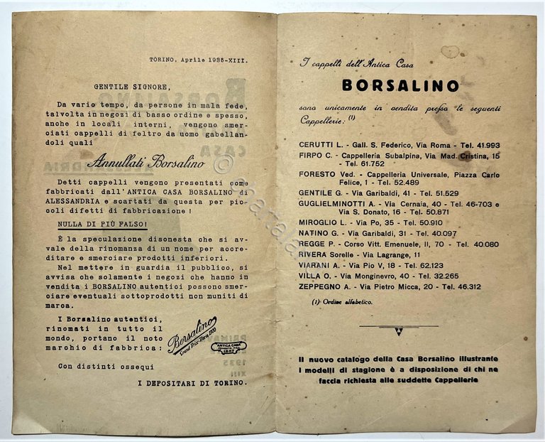 Brochure - Borsalino Antica Casa, Alessandria - Primavera-Estate 1935