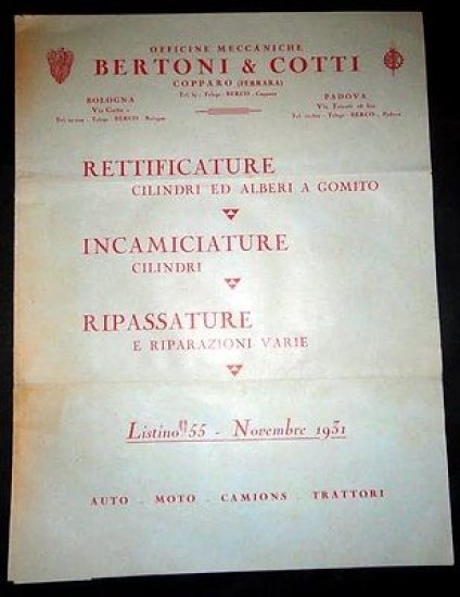 Brochure Bertoni & Cotti Rettificature Ripassature 1931