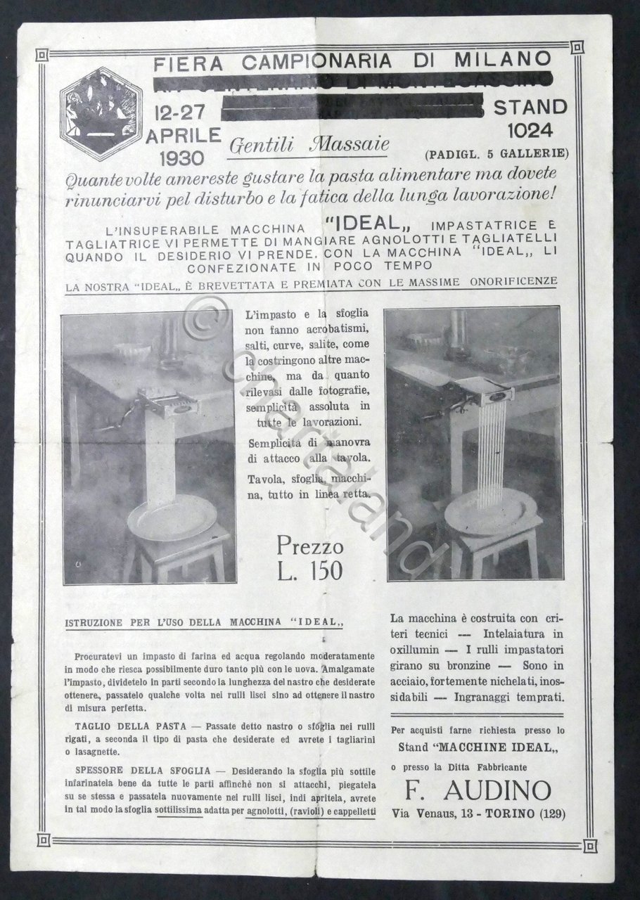 Brochure Ditta F. Audino - Macchina impastatrice Ideal - 1930