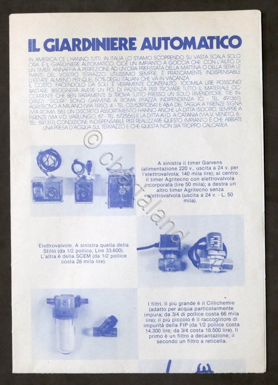 Brochure Il Giardiniere Automatico - impianto idrico - 1979