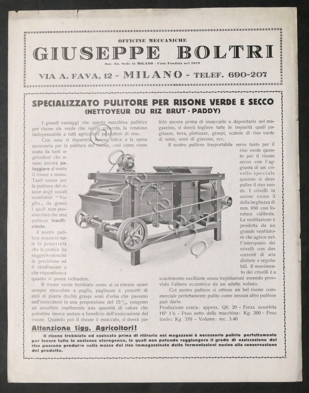 Brochure Officine Meccaniche Boltri (Milano) - Pulitore per risone - …
