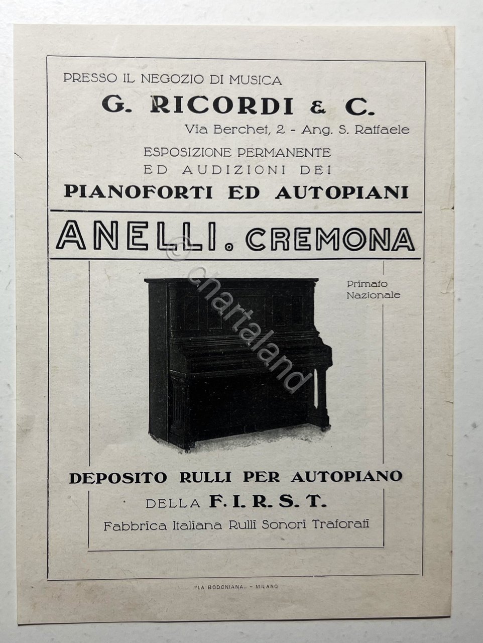 Brochure Pubblicità G. Ricordi & C. - Pianoforti ed Autopiani … | Immagine principale