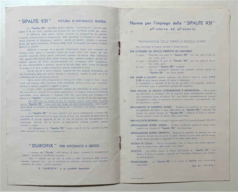 Brochure S.I.P.A. Sipalite Società Italiana Pitture Alluminio, Milano - Anni …