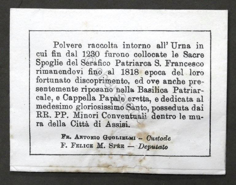 Bustina con polvere raccolta intorno all'Urna di S. Francesco di …