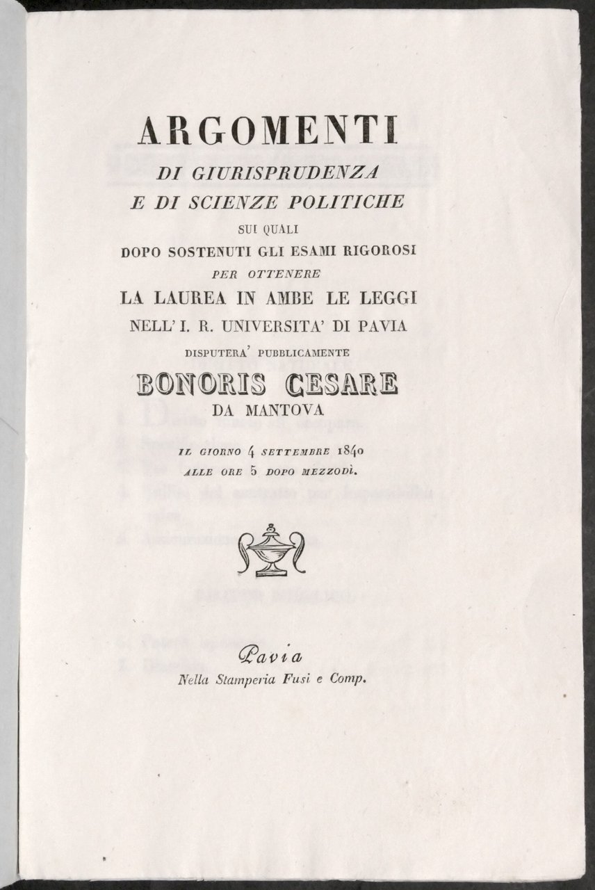 C. Bonoris - Argomenti Giurisprudenza Discussione Laurea Università Pavia 1840 | Immagine principale