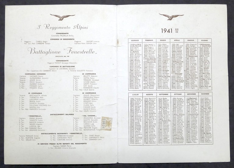 Calendario - 3° Reggimento Alpini - Battaglione Fenestrelle - 1941 …