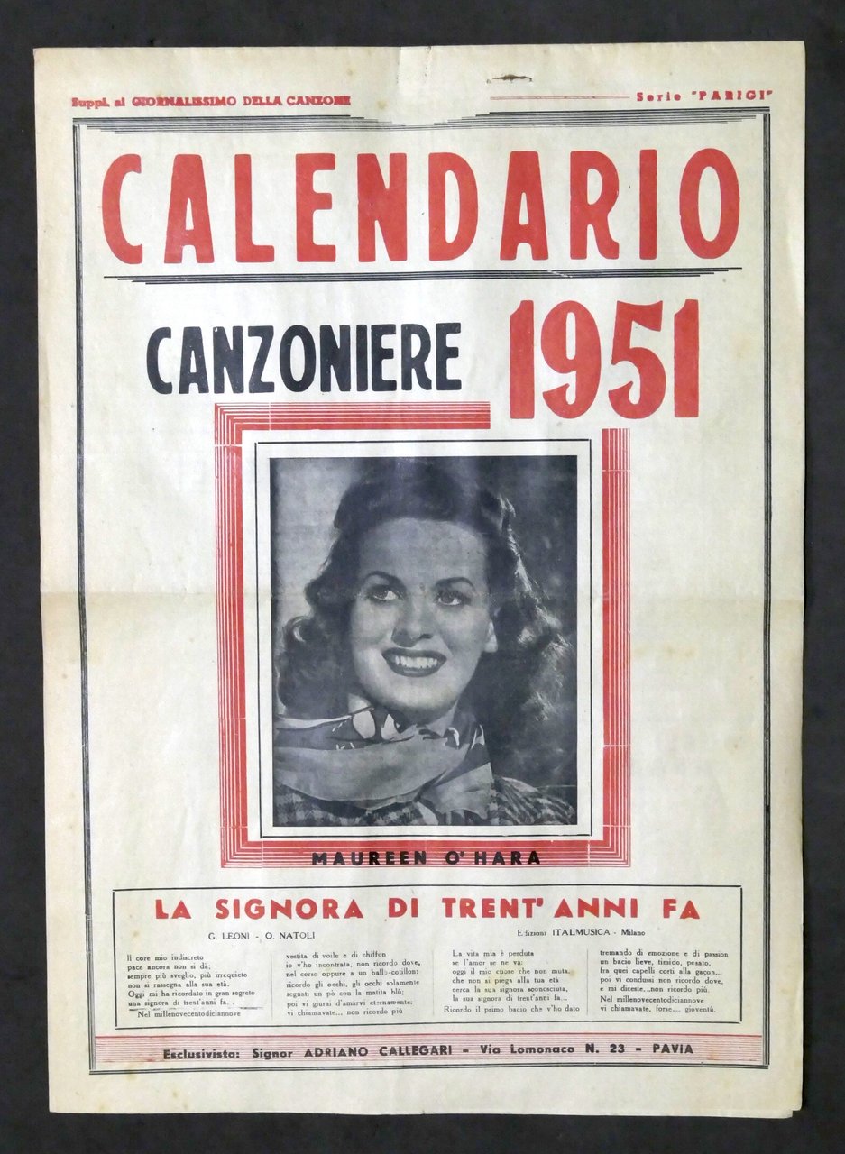 Calendario Canzoniere 1951 - Supplemento al Giornalissimo della Canzone