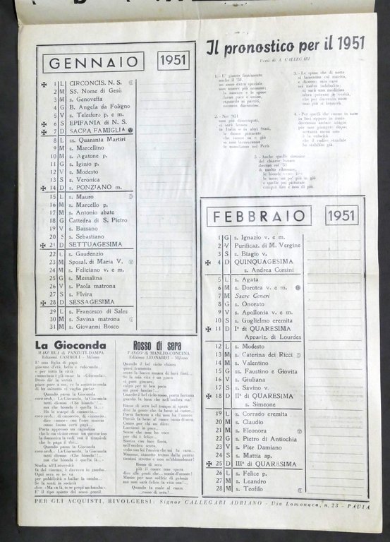 Calendario Canzoniere 1951 - Supplemento al Giornalissimo della Canzone