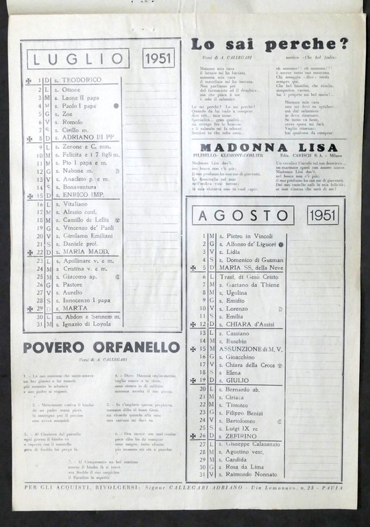 Calendario Canzoniere 1951 - Supplemento al Giornalissimo della Canzone