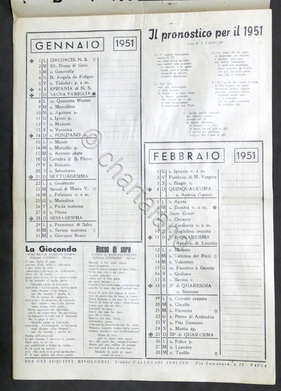 Calendario Canzoniere 1951 - Supplemento al Giornalissimo della Canzone