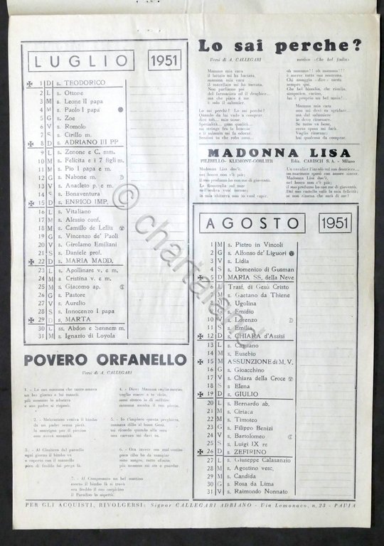 Calendario Canzoniere 1951 - Supplemento al Giornalissimo della Canzone