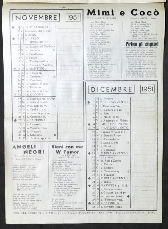 Calendario Canzoniere 1951 - Supplemento al Giornalissimo della Canzone