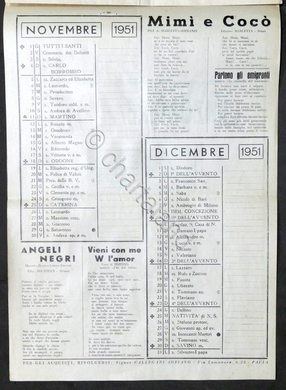 Calendario Canzoniere 1951 - Supplemento al Giornalissimo della Canzone