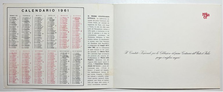 Calendario Storico - Italia 1961 - Il Primo Centenario d'Italia
