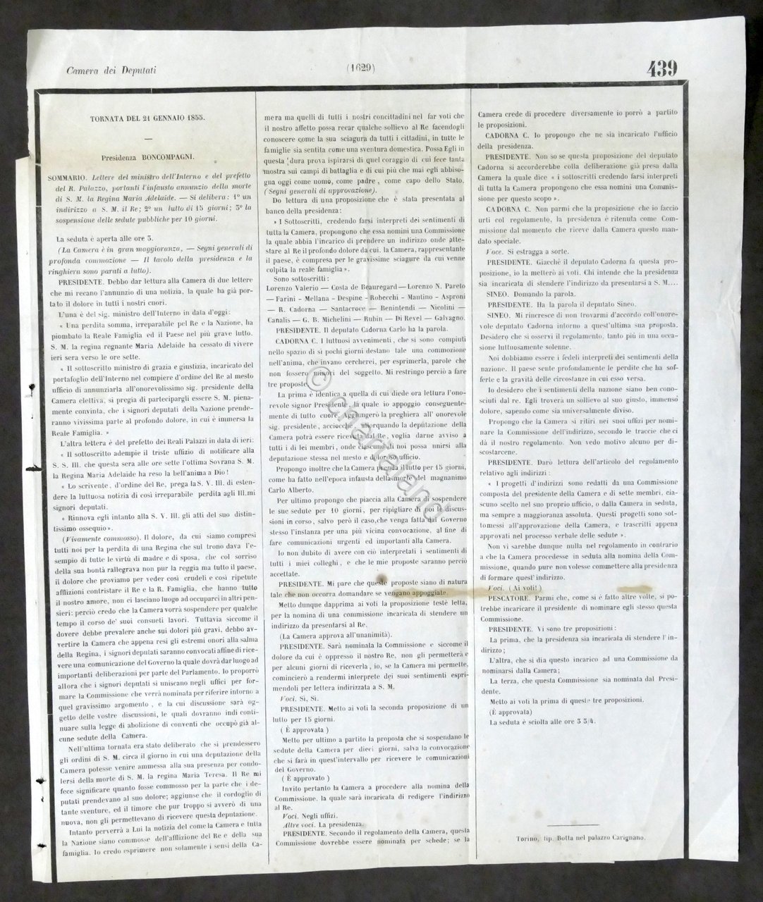 Camera Deputati 21 Gennaio 1855 Sommario: lettere morte Regina Maria …