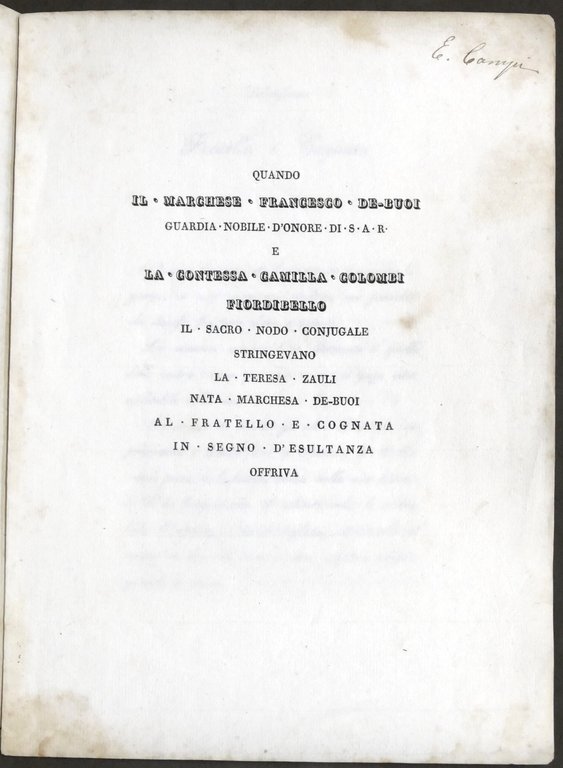 Cantico per le nozze Marchese Francesco De Buoi e contessa …