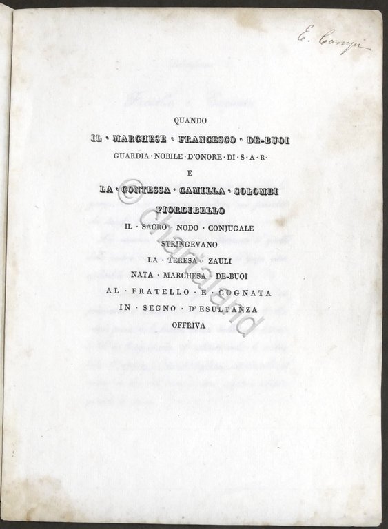 Cantico per le nozze Marchese Francesco De Buoi e contessa …
