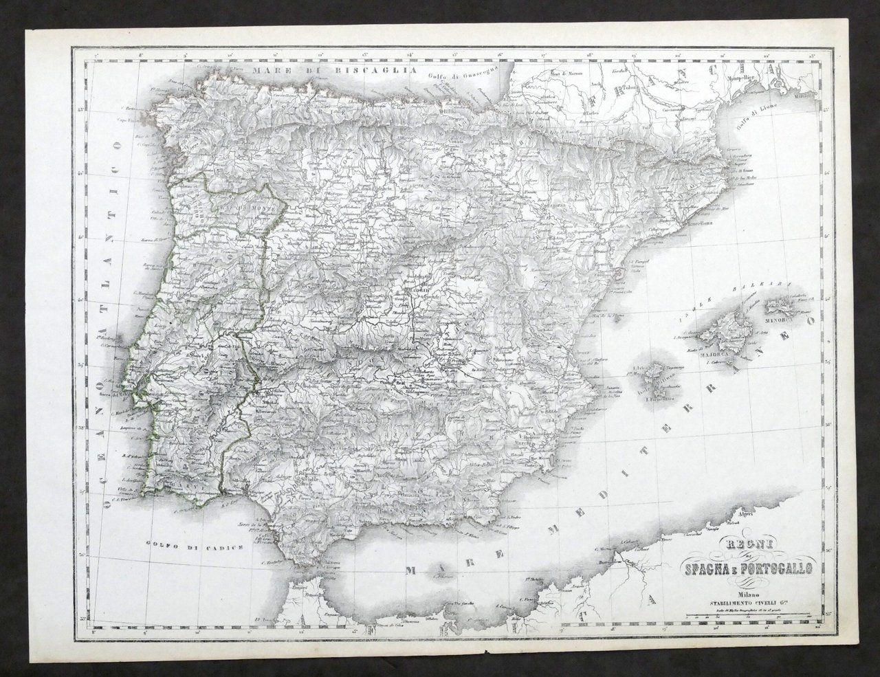 Carta geografica - Regni Spagna e Portogallo - Stabilimento Civelli …
