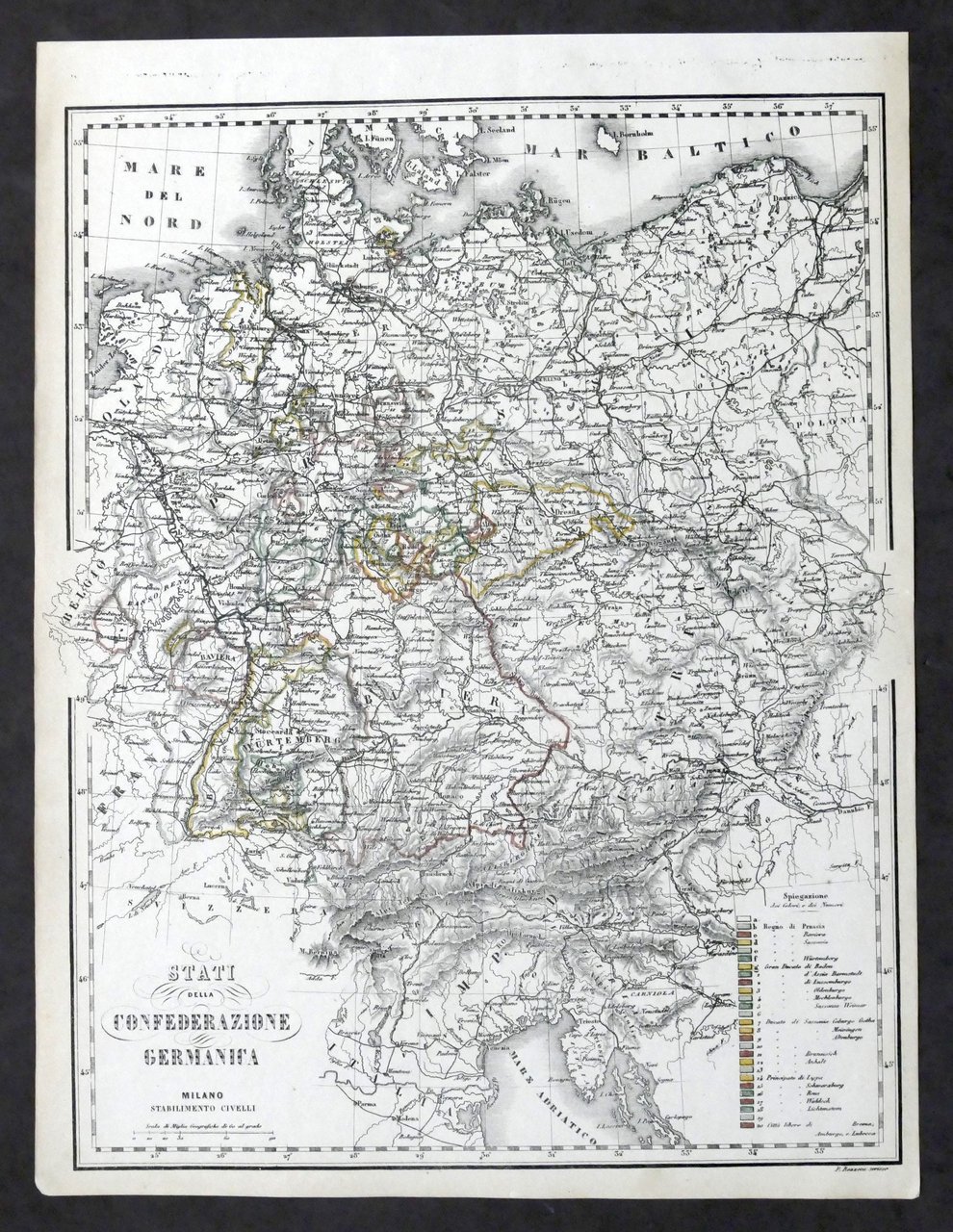 Carta geografica Stati Confederazione Germania - Stabilimento Civelli - 1880 …