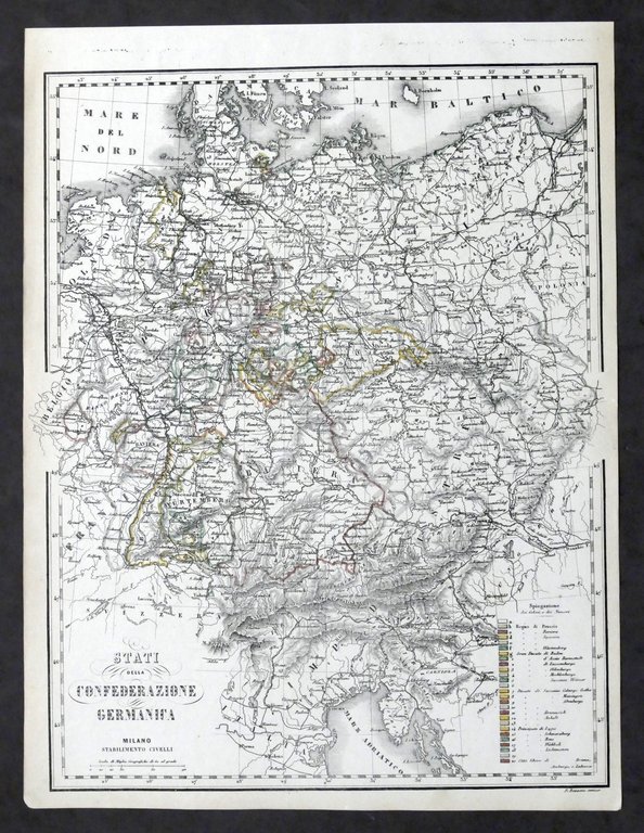 Carta geografica Stati Confederazione Germania - Stabilimento Civelli - 1880 …