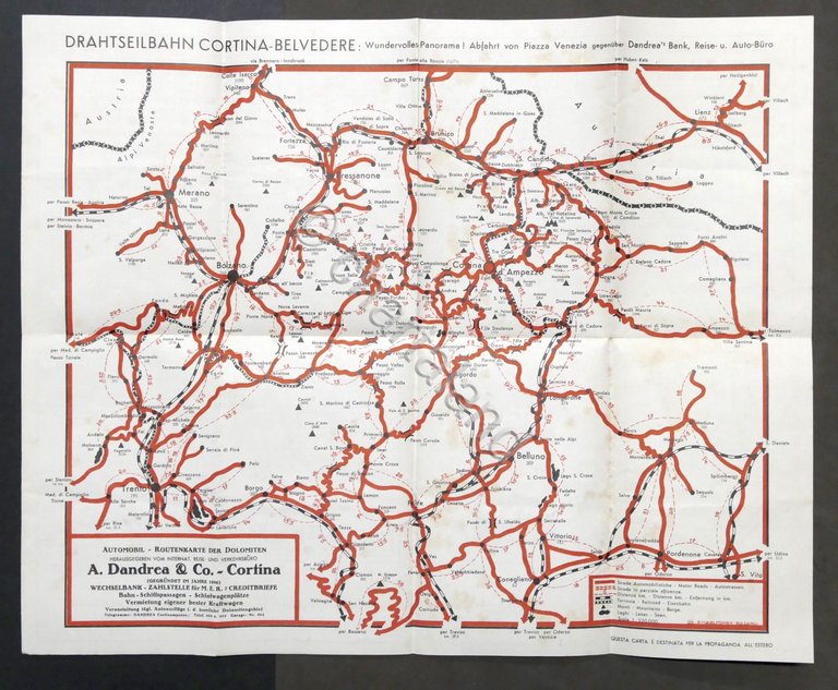 Carta stradale automobilistica Dolomiti Automobil Routenkarte der Dolomiten 1936