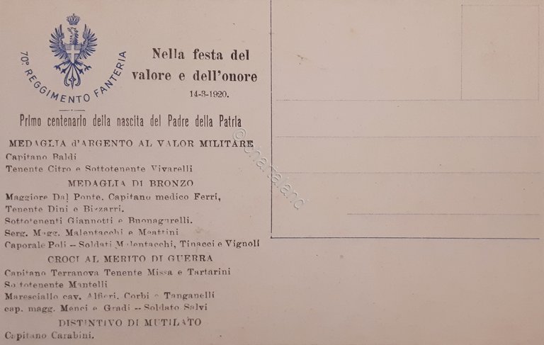 Cartolina - 70^ Reggimento Fanteria - Brigata Ancona - 1920