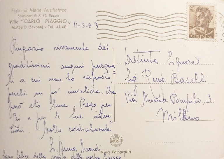 Cartolina - Alassio - Villa Carlo Piaggio - 1963