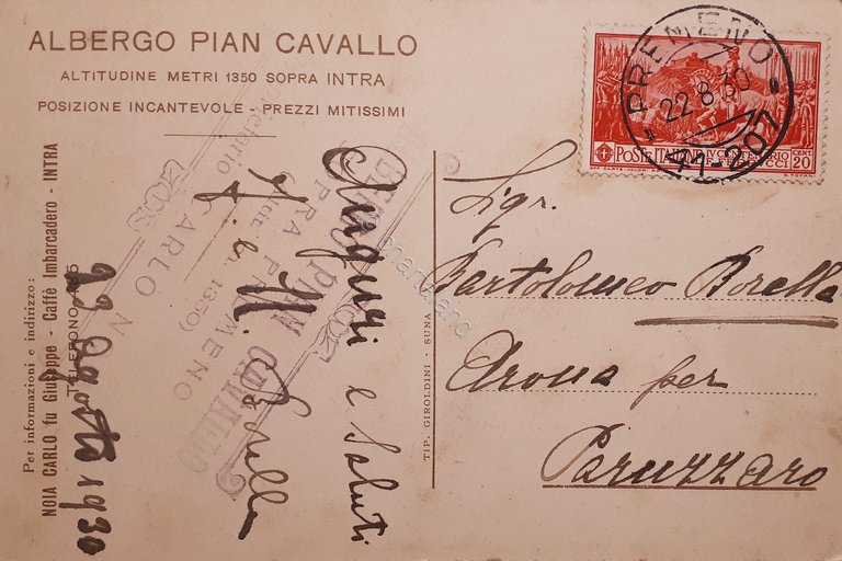 Cartolina - Albergo Piancavallo sopra Intra - Altitudine - 1930