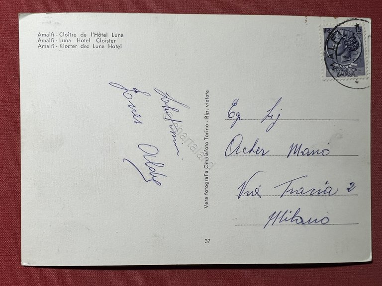 Cartolina - Amalfi - Chiostro dell'Hotel Luna - 1956