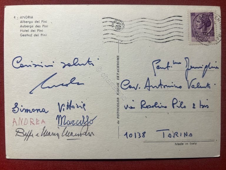 Cartolina - Andria - Albergo dei Pini - 1972