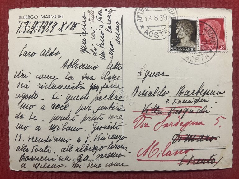 Cartolina - Antey S. André - Cervino e Albergo Marmore …