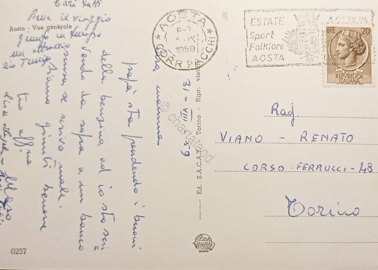 Cartolina - Aosta - Panorama - 1959