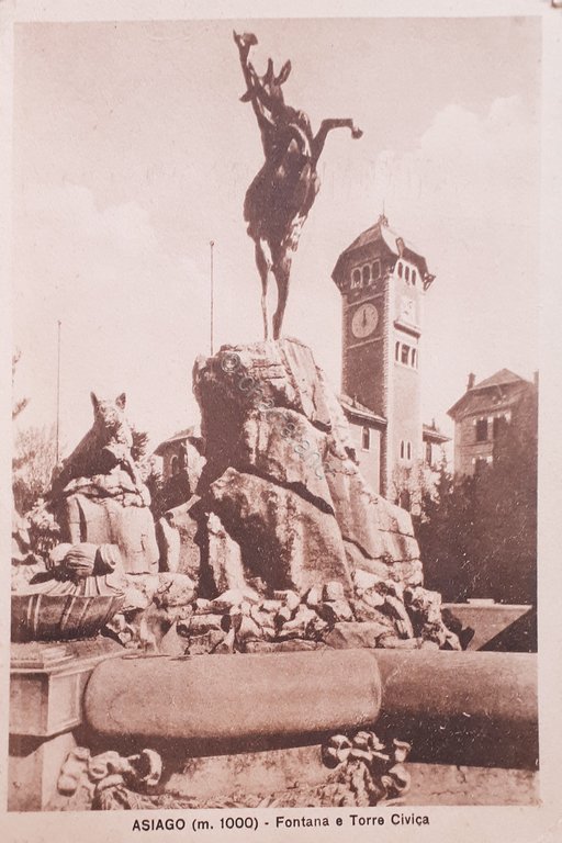 Cartolina - Asiago - Fontana e Torre Civica - 1958