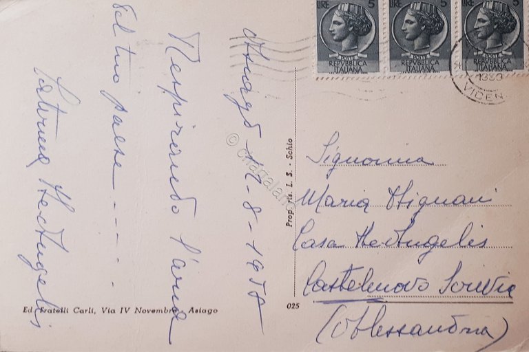 Cartolina - Asiago - Fontana e Torre Civica - 1958