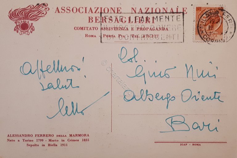 Cartolina - Associazione Nazionale Bersaglieri - Alessandro Ferrero - 1955