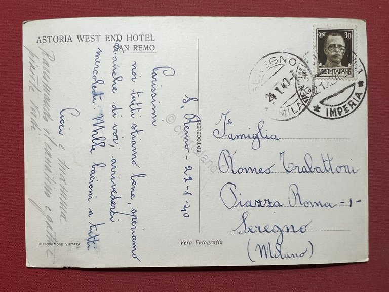 Cartolina - Astoria West end Hotel - Sanremo - 1940