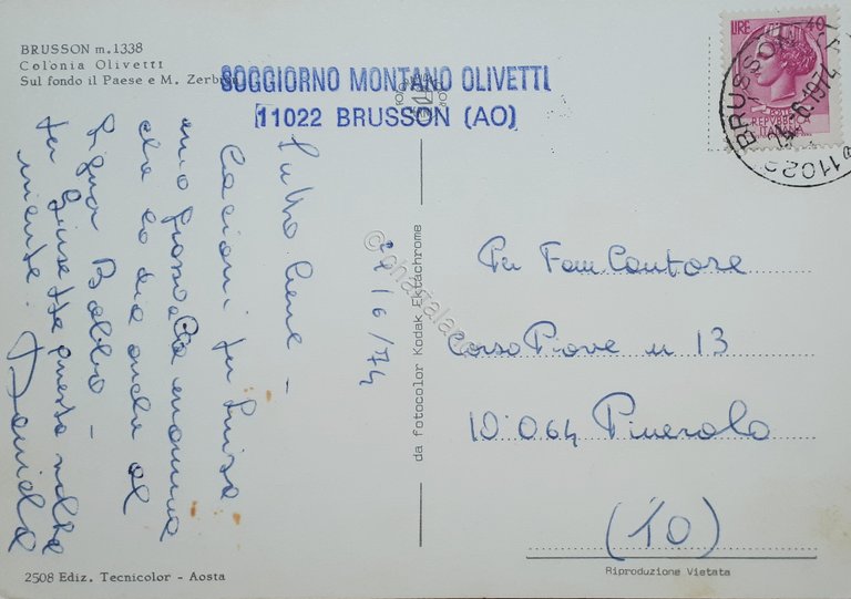 Cartolina - Brusson - Colonia Olivetti - 1974