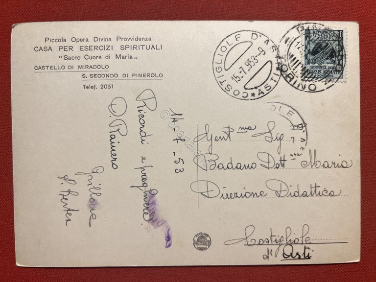 Cartolina - Castello di Miradolo - S. Secondo di Pinerolo …