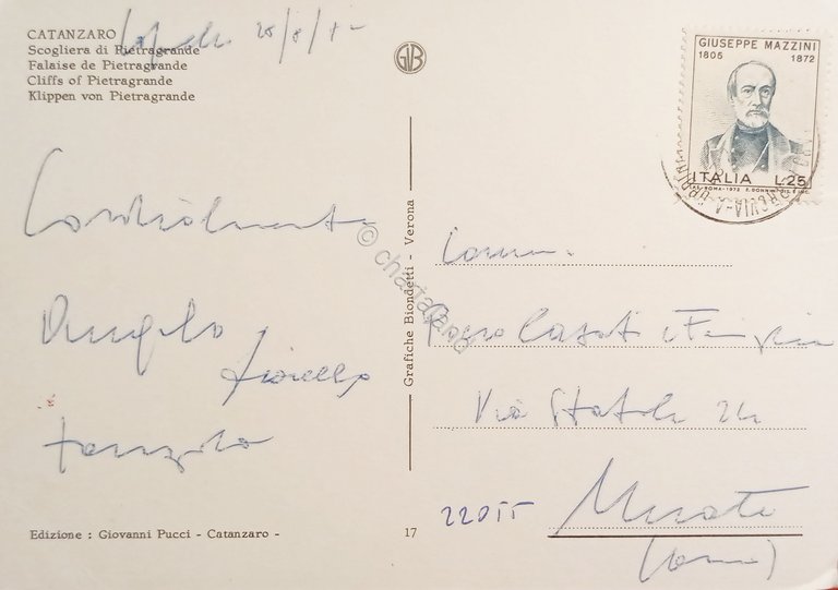 Cartolina - Catanzaro - Scogliera di Pietragrande - 1972