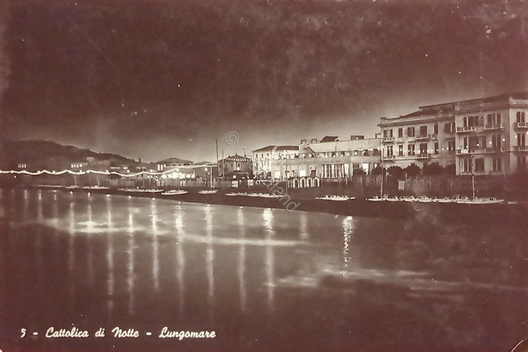 Cartolina - Cattolica di Notte - Lungomare - 1950
