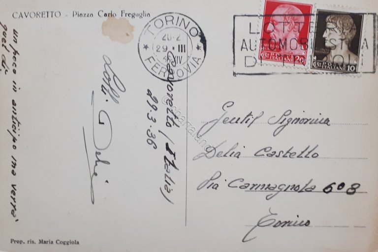 Cartolina - Cavoretto - Piazza Carlo Freguglia - 1936