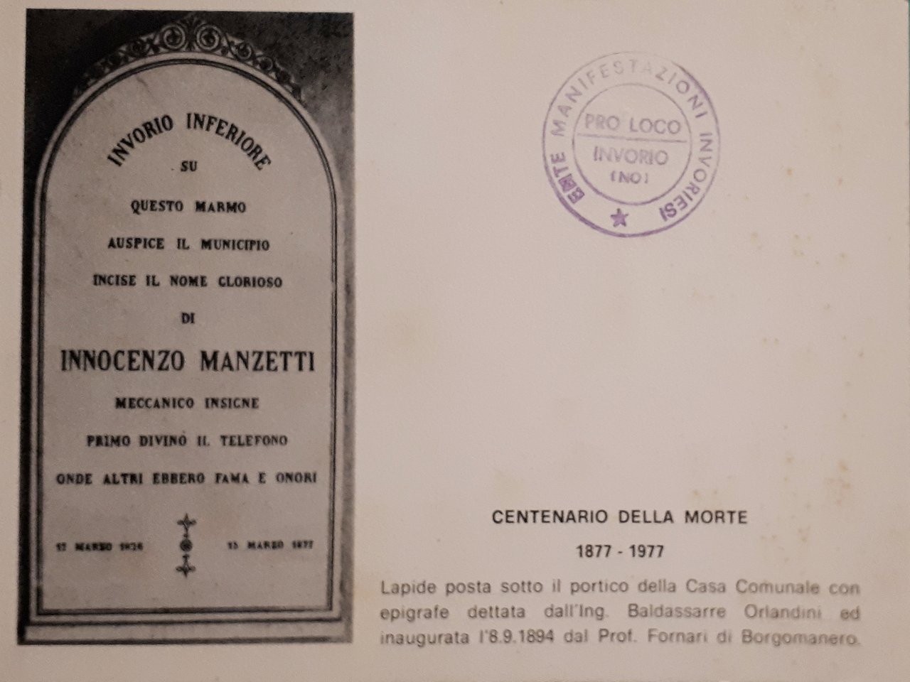 Cartolina - Centenario della Morte 1877/1977 - Pro Loco E. …