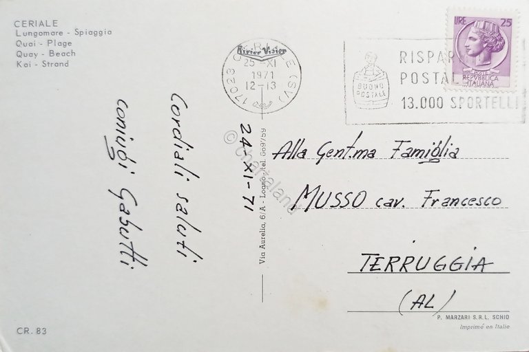 Cartolina - Ceriale - Lungomare - Spiaggia - 1971