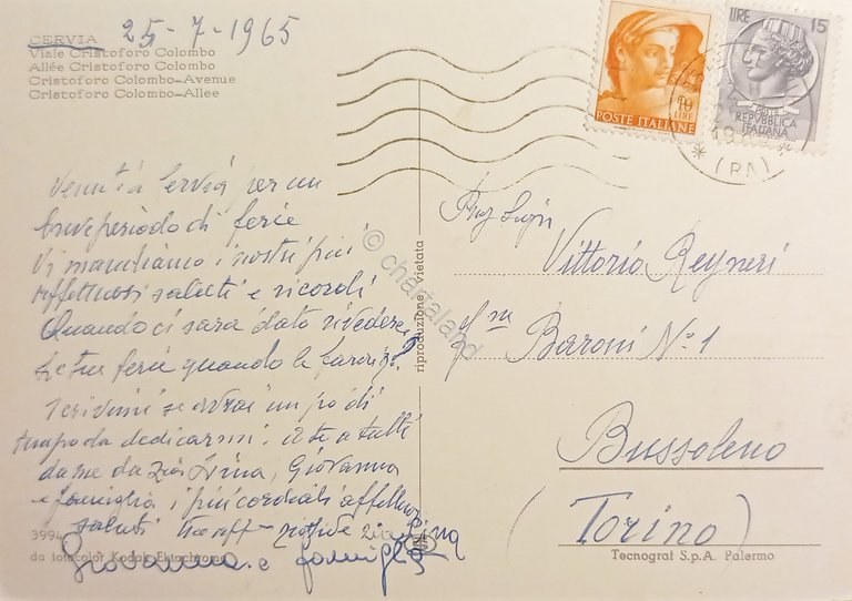 Cartolina - Cervia - Viale Cristoforo Colombo - 1965