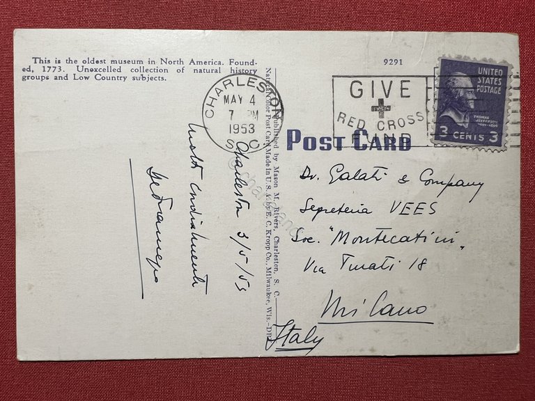 Cartolina - Charleston Museum - Charleston - 1953