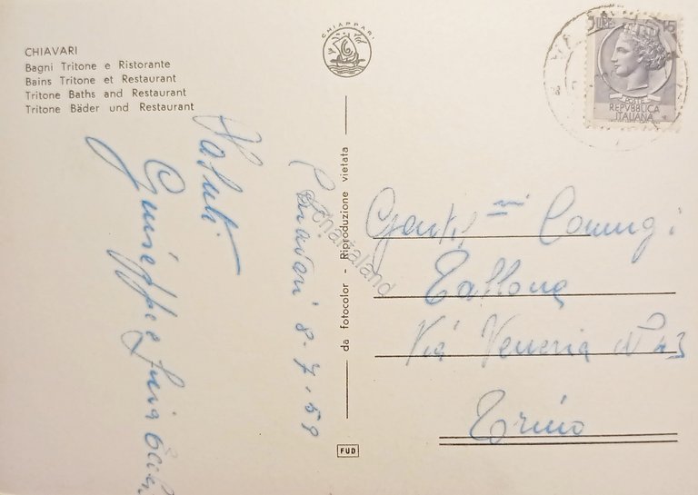 Cartolina - Chiavari - Bagni Tritone e Ristorante - 1959