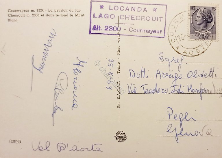 Cartolina - Courmayeur - Pensione del Lago Checrouit e sfondo …