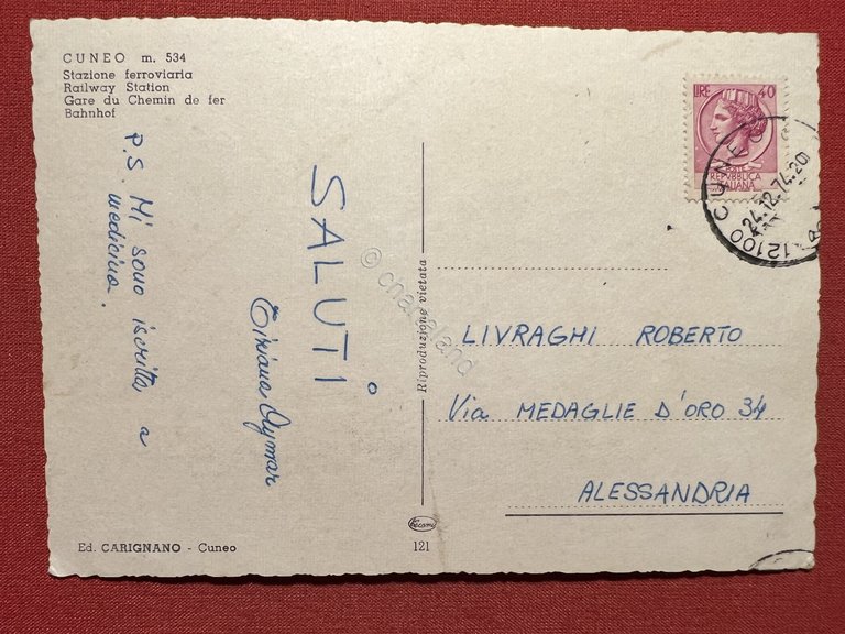 Cartolina - Cuneo - Stazione Ferroviaria - 1974