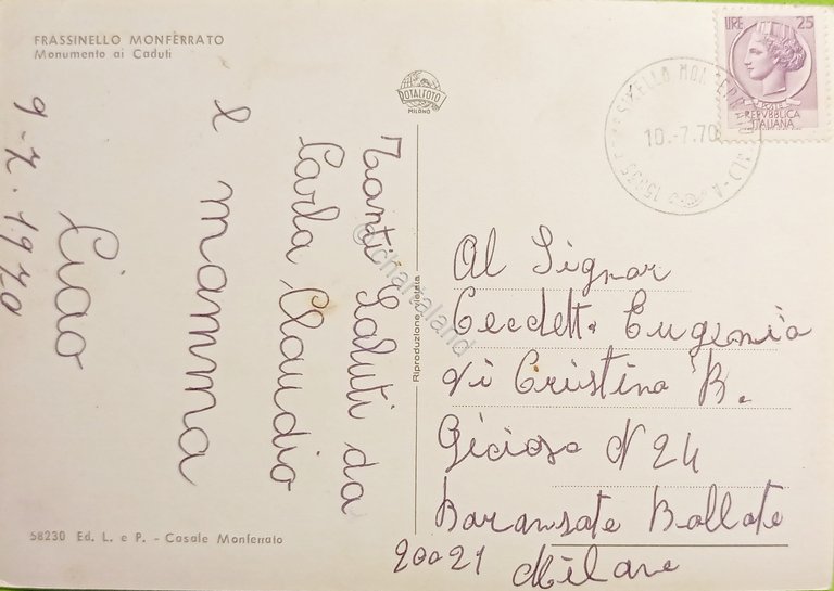 Cartolina - Frassinello Monferrato - Monumento ai Caduti - 1970